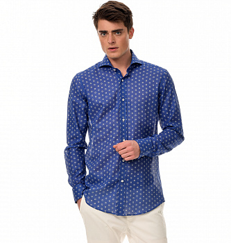 Синяя рубашка Colletto Bianco Slim fit с принтом белые цветы из ткани Tessitura Monti 007418 SF