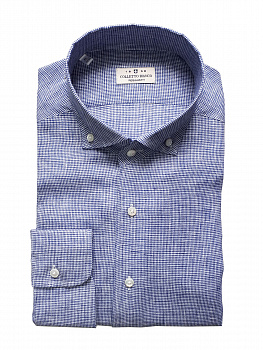 Синяя льняная сорочка Colletto Bianco Regular fit в мелкую клетку воротник на пуговицах 009742