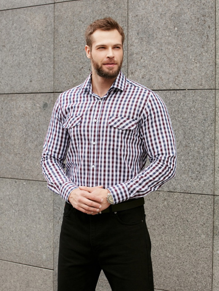 Рубашка Dave Raball Classic fit в бордо-сине-белую клетку, 2 кармана 000293 