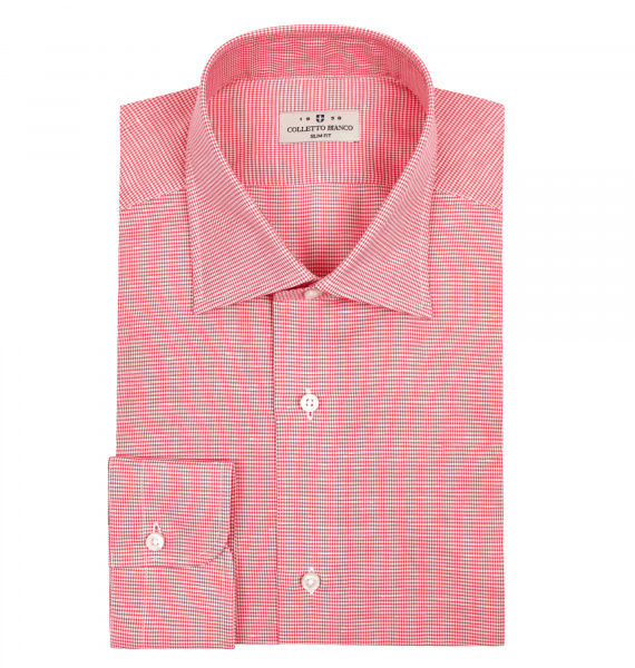 Сорочка Colletto Bianco Slim fit в мелкую красно-белую клетку ткань Testa хлопок со льном 009746
