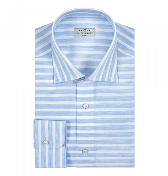 Сорочка Colletto Bianco Slim fit в бело-голубую полоску из структурной ткани хлопок лен 007427 
