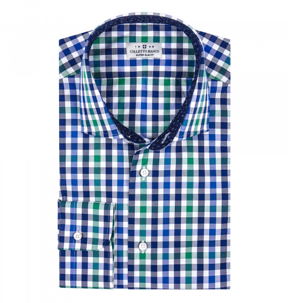 Сорочка Colletto Bianco Super Slim fit в зелено-синюю клетку с отделкой на воротнике 007920
