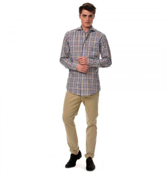 Сорочка Colletto Bianco Slim fit в коричнево-синюю клетку с отделкой 007918 