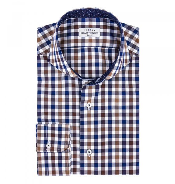 Сорочка Colletto Bianco Slim fit в коричнево-синюю клетку с отделкой 007918