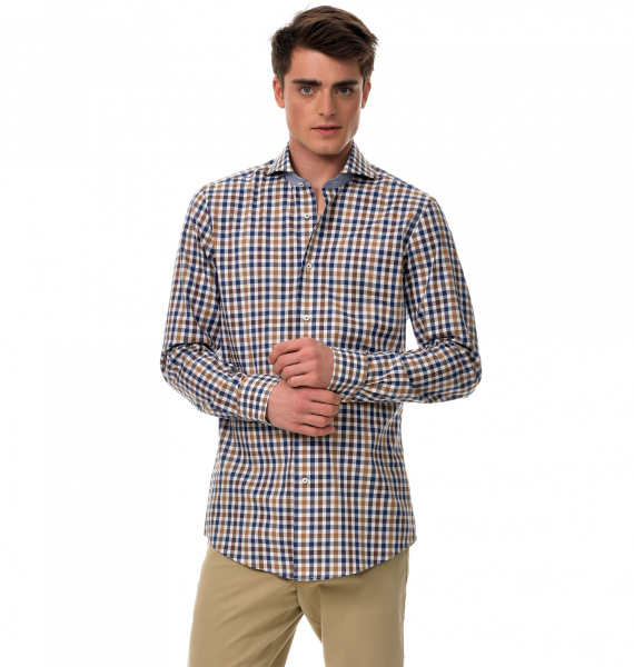 Сорочка Colletto Bianco Slim fit в коричнево-синюю клетку с отделкой 007918 