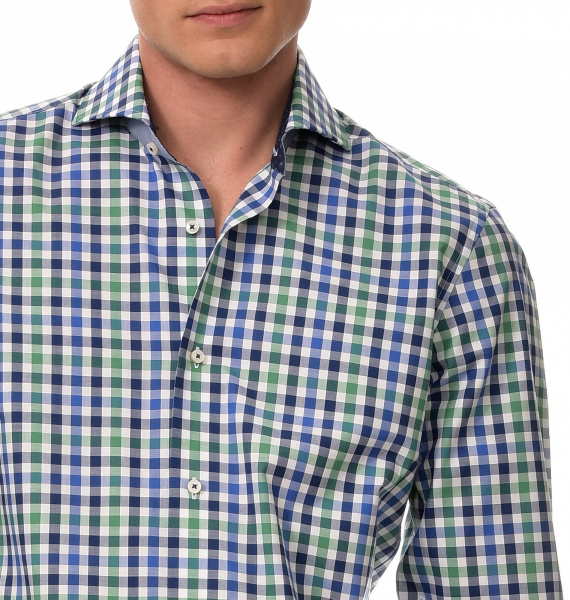 Сорочка Colletto Bianco Super Slim fit в зелено-синюю клетку с отделкой на воротнике 007920 