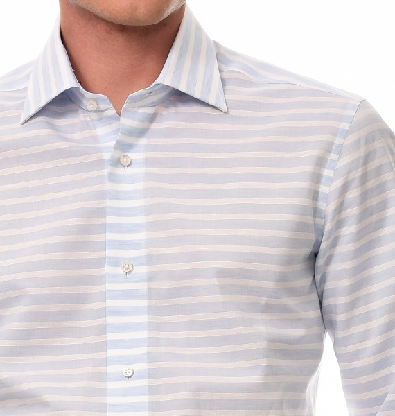 Сорочка Colletto Bianco Slim fit в бело-голубую полоску из структурной ткани хлопок лен 007427 