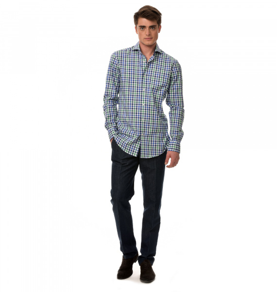 Сорочка Colletto Bianco Super Slim fit в зелено-синюю клетку с отделкой на воротнике 007920 