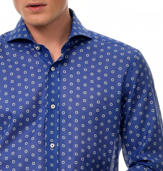 Синяя рубашка Colletto Bianco Slim fit с принтом белые цветы из ткани Tessitura Monti 007418 SF 