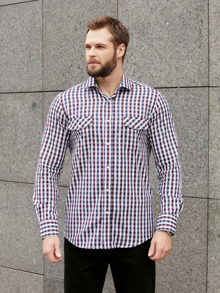 Рубашка Dave Raball Classic fit в бордо-сине-белую клетку, 2 кармана 000293