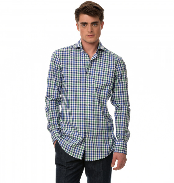 Сорочка Colletto Bianco Super Slim fit в зелено-синюю клетку с отделкой на воротнике 007920 