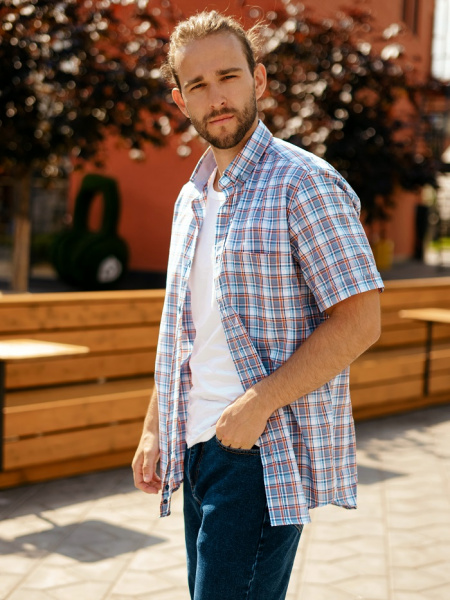 Сорочка Colletto Nuovo Slim fit в голубую клетку карман воротник на пуговицах 000163 SFs 